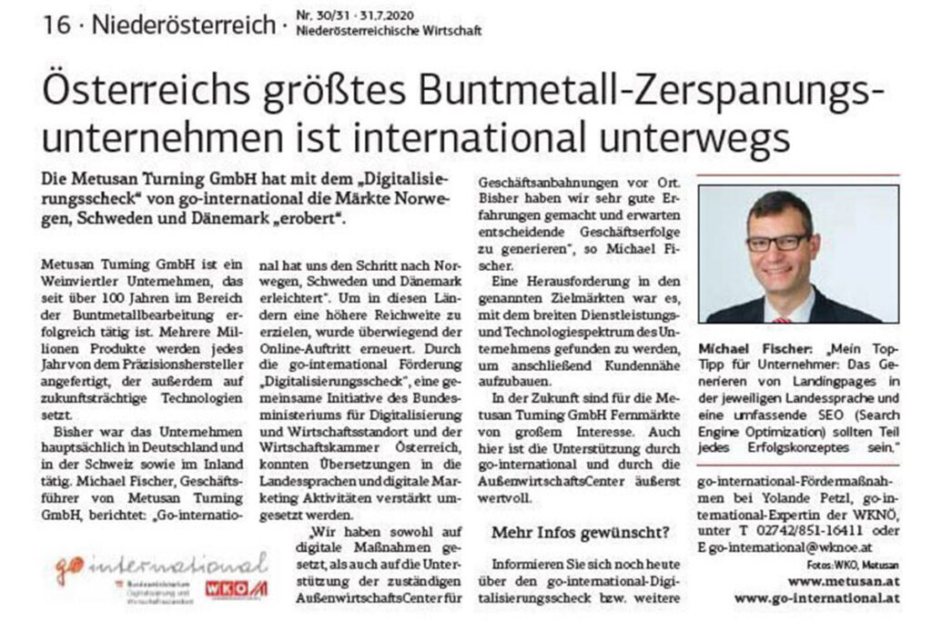 NÖWI Artikel: Vorbereitende Schritte zum internationalen Erfolg – METUSAN TURNING
